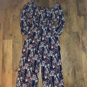 Women's Casual Loose Blue Floral Jumpsuit Long Sleeve Wide Leg With Pockets XL